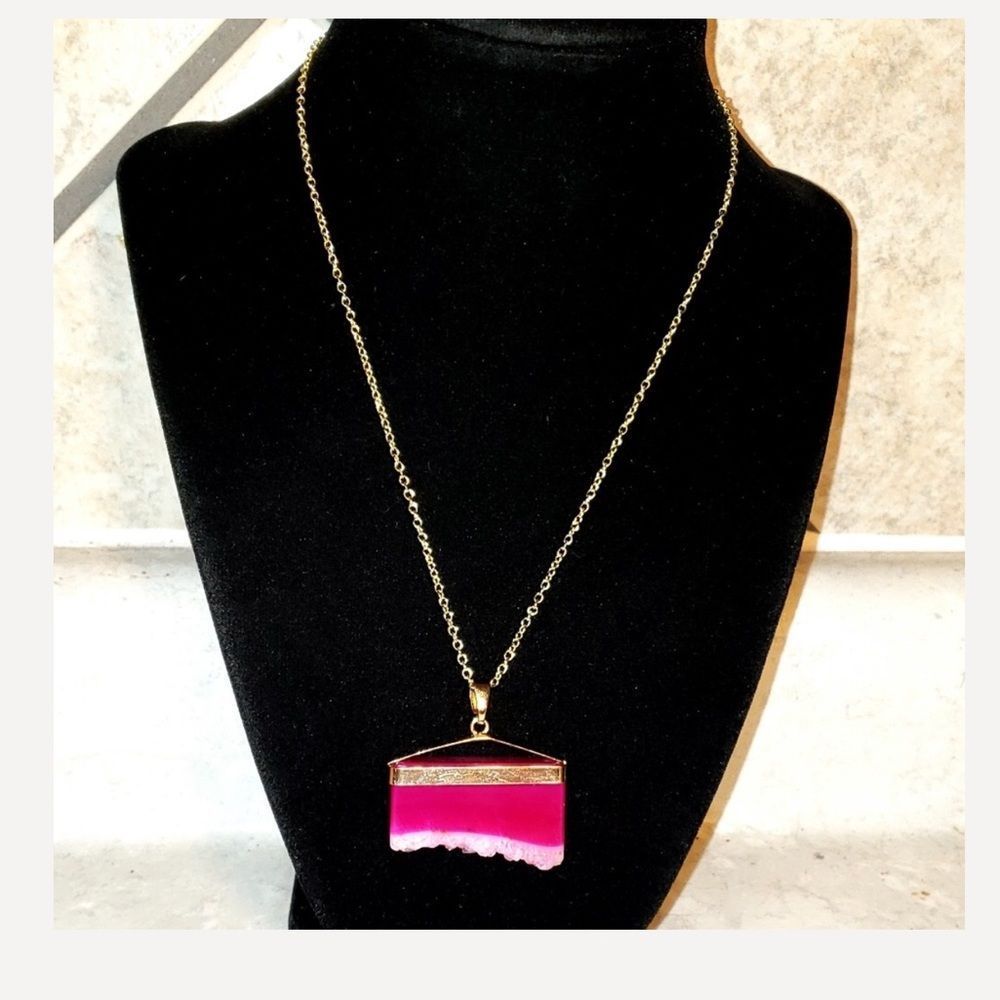 Pink Raw Cut Natural Agate Pendant Gold Necklace